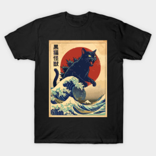 Black Cat Monster Kanagawa Wave T-Shirt